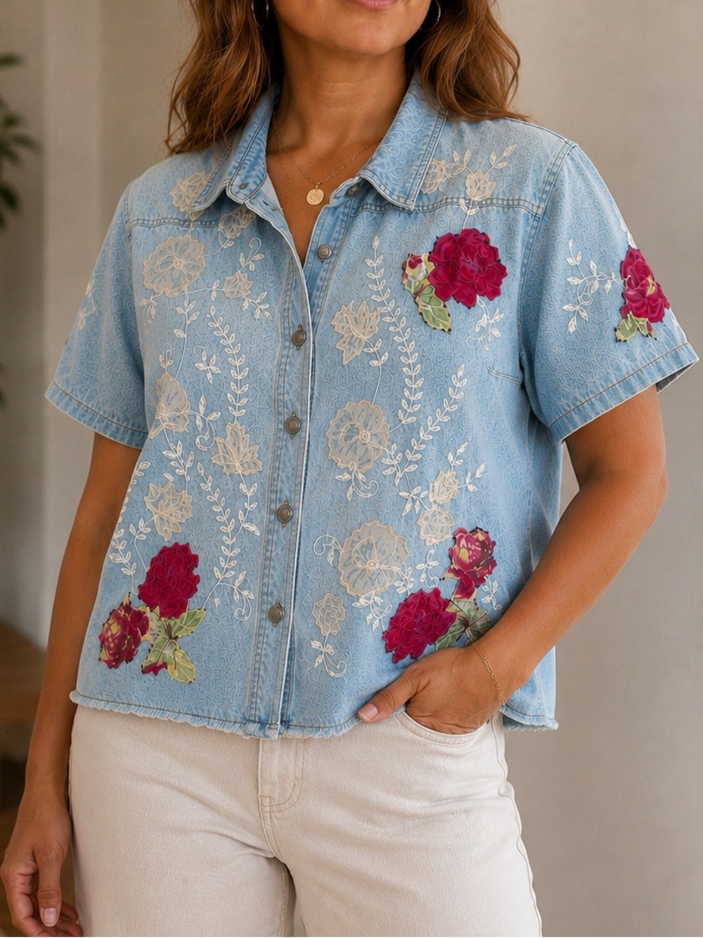 Chico’s Floral Embroidered Denim Shirt Size 3 (XL) Rose Applique Raw Hem